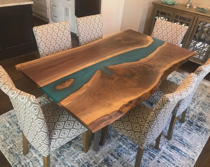 Acacia Wood River Table Top | Green Epoxy, Live Edge, Handmade