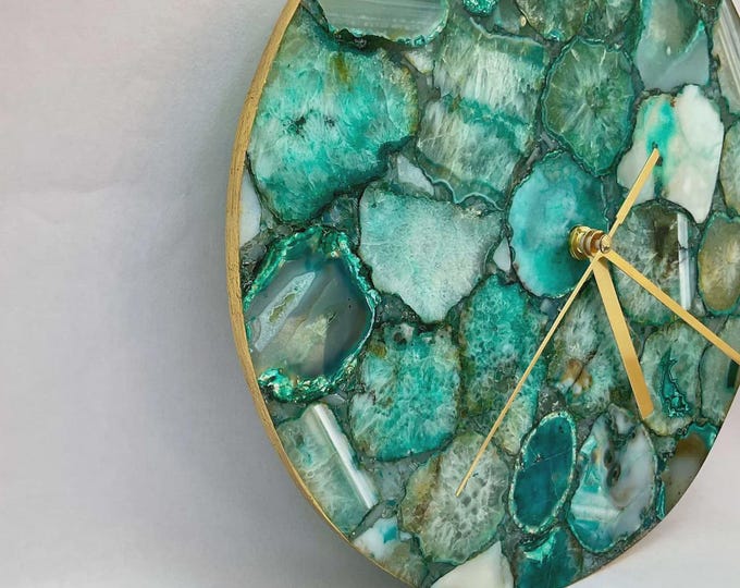 Handmade Green Agate Gemstone Wall Clock | Luxury Crystal Decor