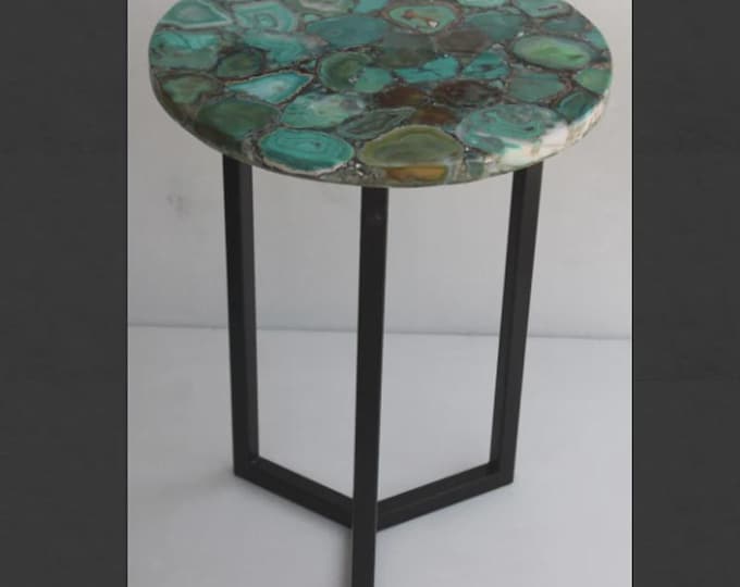 Round Green Agate Table Top | Gemstone Side Table | (Customisable)