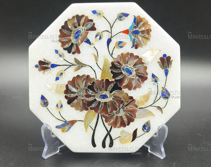 Floral Symphony on White Marble | Handmade Pietra Dura Inlay Plate