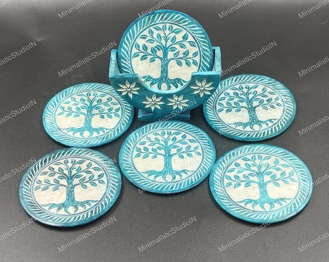 Marble Coaster Set 3.5 Inch Tree of Life | Turquoise 6-Piece Set with Holder for Luxury Tabletop Decor