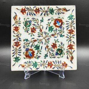 Handmade Marble Inlay Square Tray | White Makrana Marble | Pietra Dura Floral Art | Decorative Serving Dish | Luxury Gift Idea