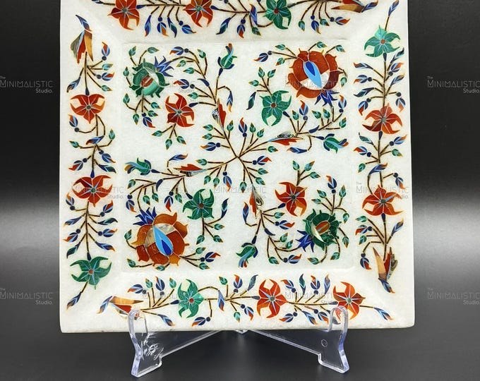 Handmade Makrana Marble Tray | Pietra Dura Floral Inlay