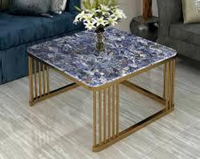 Square Sodalite Table Top | Blue Gemstone Coffee & Dining Table | Crystal Luxury Vastu Decor | (Customisable)