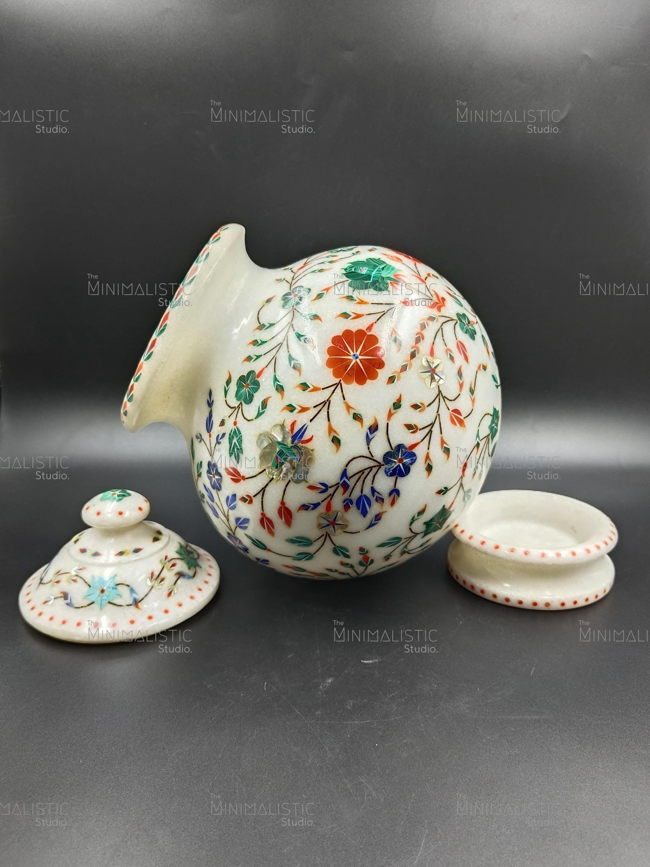 マクラナ大理石花象嵌蓋付き瓶｜手作り石鉢｜装飾壷瓶｜インドの室内