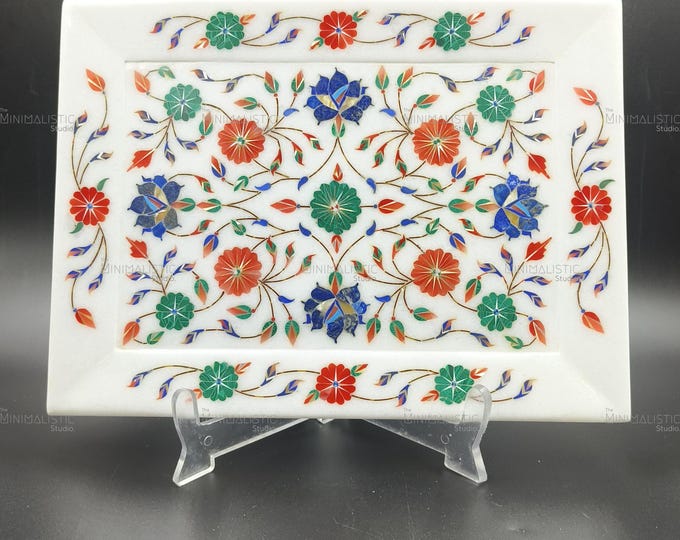 Handmade Marble Inlay Tray – Floral Pietra Dura Stone Art, Mughal Decor