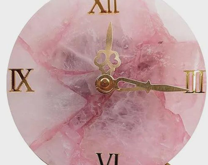 Handmade Round Rose Quartz Wall Clock Roman Numerals | Natural Crystal Luxury Decor | (Customisable)
