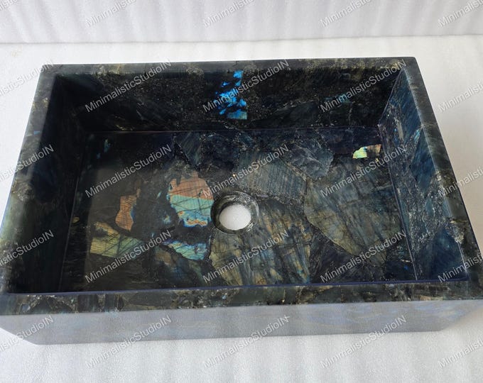 Rectangular Labradorite Stone Sink | Handmade Crystal Vessel Wash Basin for Modern Luxury Bathroom