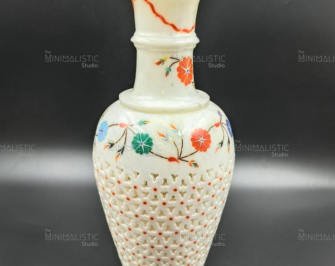 Floral Inlay White Marble Vase | Pietra Dura Indian Decor