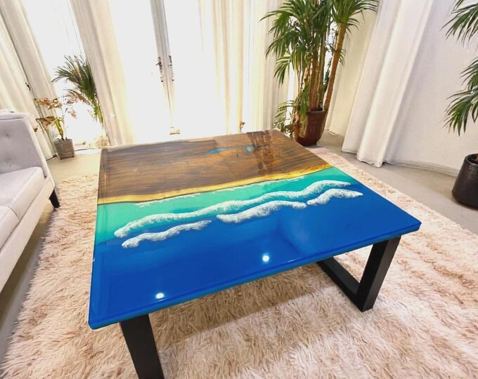 Square Beach Wave Acacia Wood Epoxy Table Top | Coastal Ocean Coffee Table (Customistable)