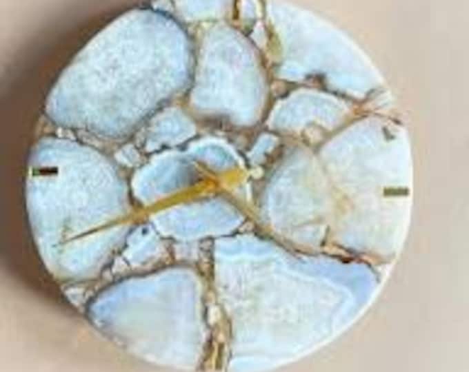 Handmade Round White Agate Wall Clock | Epoxy Resin Crystal Minimalist Boho Decor | (Customisable)