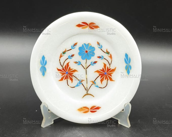Floral Inlay Marble Plate – Handmade Pietra Dura Art, 5 Inch