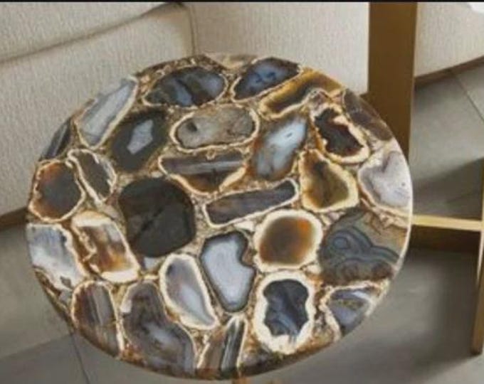 Round Dark Agate Table Top | Smoky Gemstone Rich Brown & Blue | Dining Coffee Table | (Customisable)