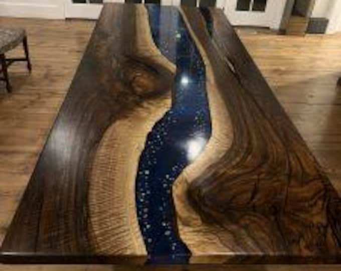 Starry Night Blue Epoxy River Acacia Wood Table Top | Live Edge