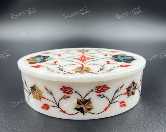 Handmade Marble Inlay Jewelry Box | Floral Pietra Dura Art