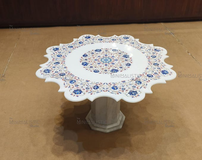 Scalloped Marble Table Top | 32x32 Floral Pietra Dura Inlay Art