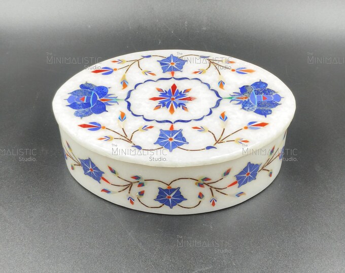 Handmade Marble Inlay Box – Blue Floral Agra Keepsake (6x4 Inches)