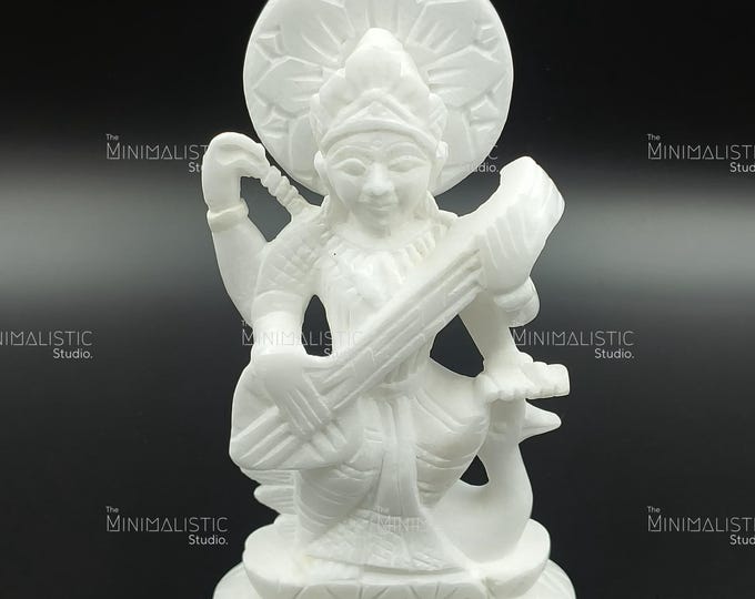 Hand-Carved White Marble Saraswati Idol | 7 Inch Hindu Goddess Statue