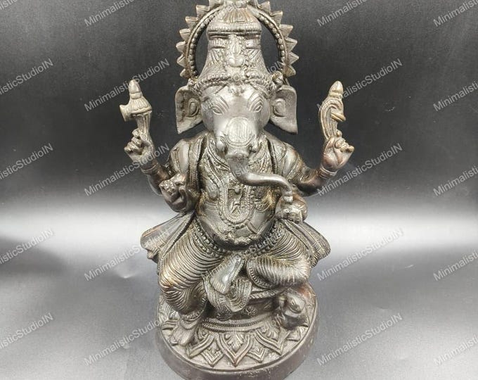 Brass Lord Ganesha Statue 12” | Antique Finish Ganpati Idol In Silver for Home Temple