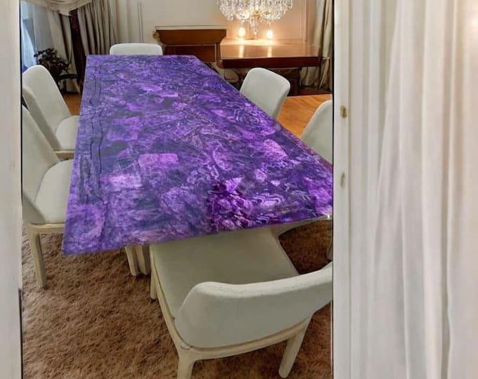 Rectangular Amethyst Stone Table Top | Luxury Purple Gemstone | Dining, Coffee, Conference Table Top | Crystal Handmade | (Customisable)
