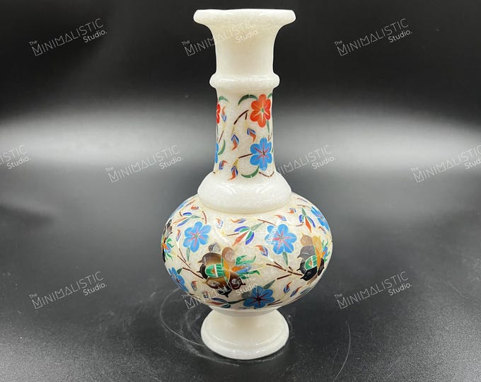 Handmade Marble Flower Vase | Pietra Dura Floral Inlay