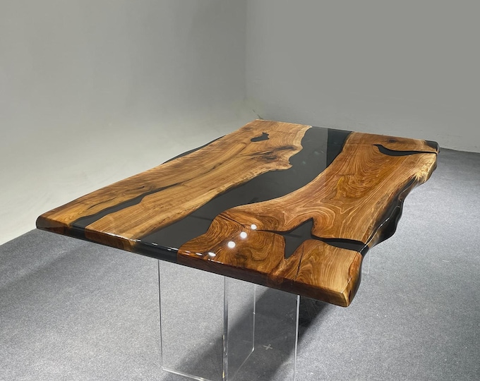 Black Epoxy River Acacia Table Top | Live Edge Dining Table (Customizable)