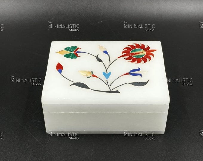 Handmade Marble Inlay Jewelry Box | Pietra Dura Floral Keepsake
