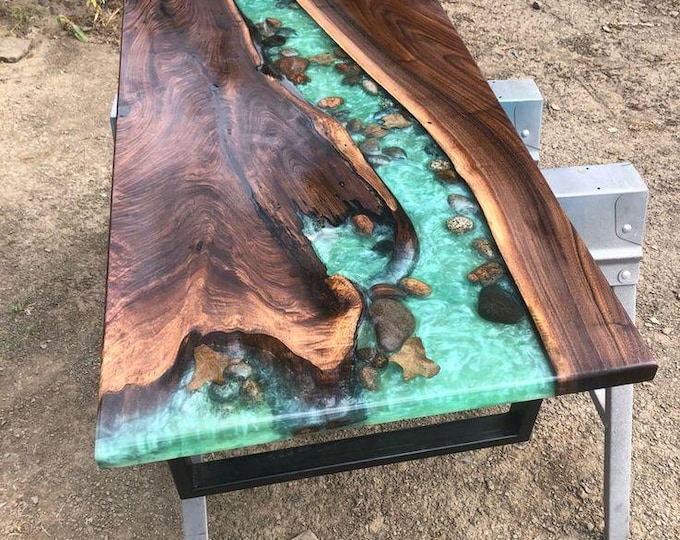 Acacia Wood Epoxy River Table Top | Green-Blue Resin, Pebbles