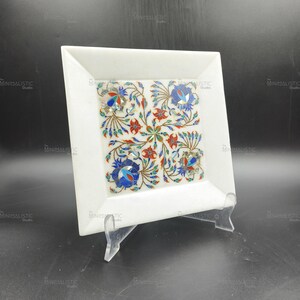 Handmade Marble Inlay Square Tray | White Makrana Marble | Pietra Dura Floral Art | Decorative Serving Dish | Luxury Gift Idea
