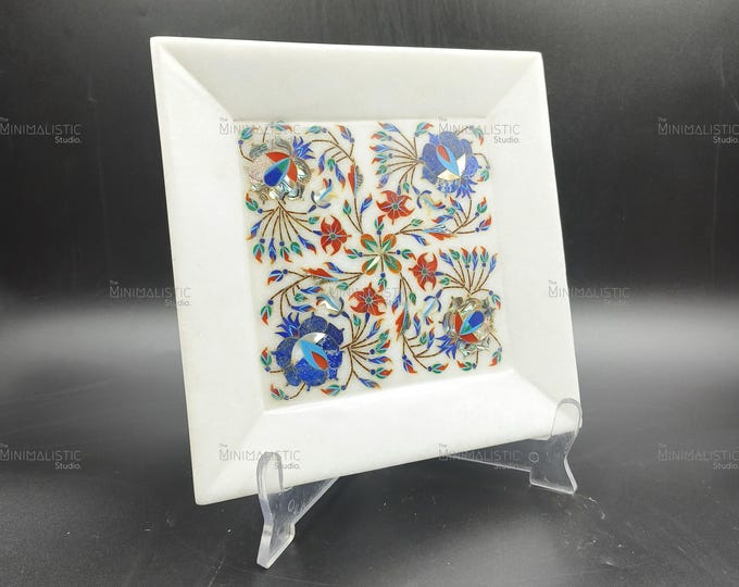 Handmade Makrana Marble Inlay Tray | Pietra Dura Floral Art