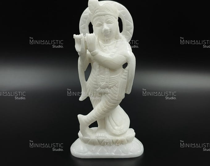Hand-Carved White Marble Krishna Statue | Flute Playing God Idol