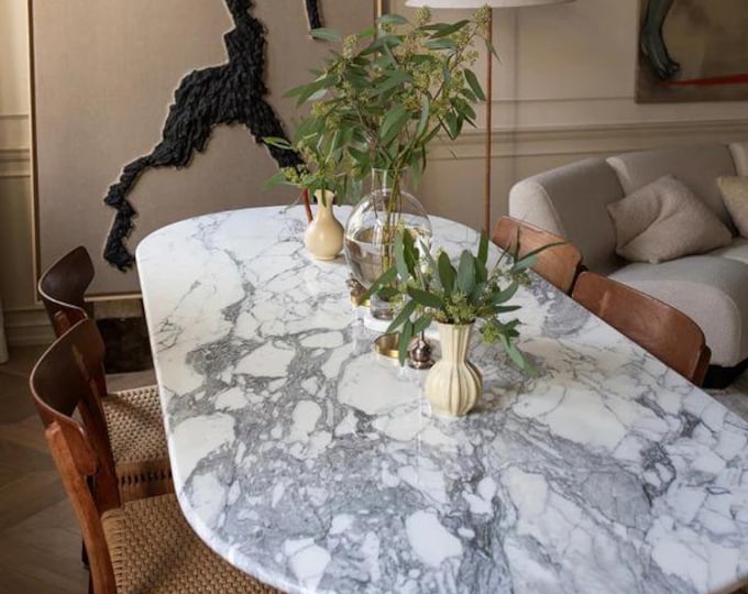 Calacatta Viola Marble Oval Dining Table Top | Luxury Italian Stone Slab Handmade | (Customisable)