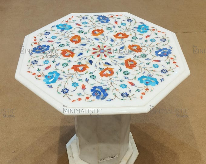 Octagon Marble Table Top | Floral Pietra Dura Inlay Art (18x18)