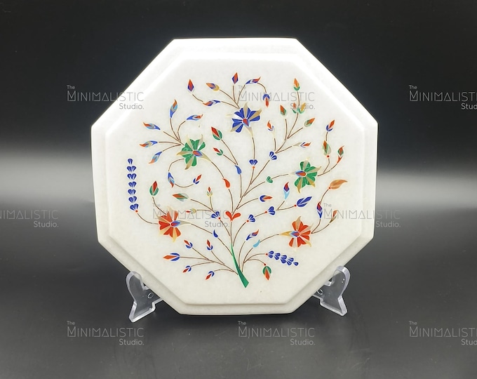 Handmade Marble Floral Inlay Plate | Gemstone Art Decor