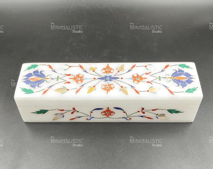 Handmade Makrana Marble Inlay Box | Floral Mughal Art, 8x2 Inches
