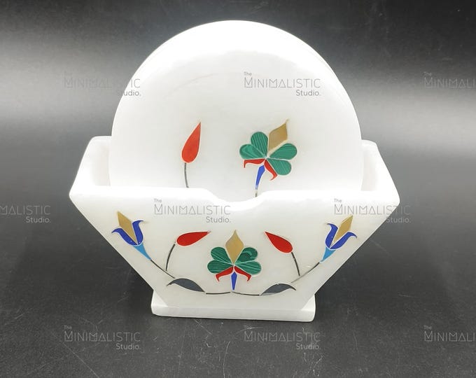 Floral Inlay White Marble Coaster Set | Mughal Pietra Dura Drinkware