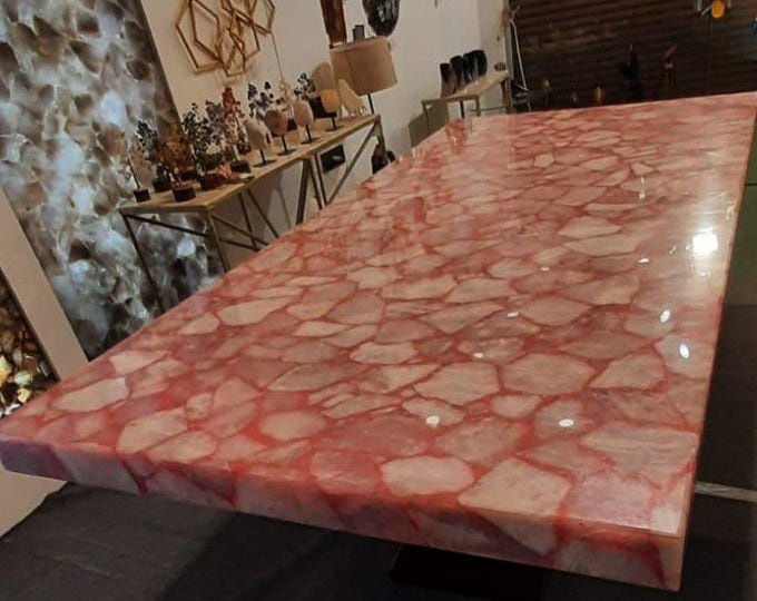 Dark Pink Rose Quartz Table Top | Customizable Gemstone Dining Table