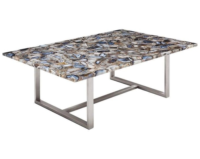 Rectangular Multi-Colour Agate Table Top | Blue & Taupe Gemstone Coffee Dining Table | (Customisable)