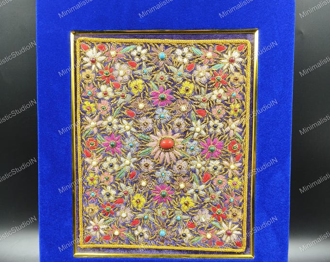 Handcrafted Zardozi Gemstone Wall Art | Blue Velvet Frame, Indian Decor