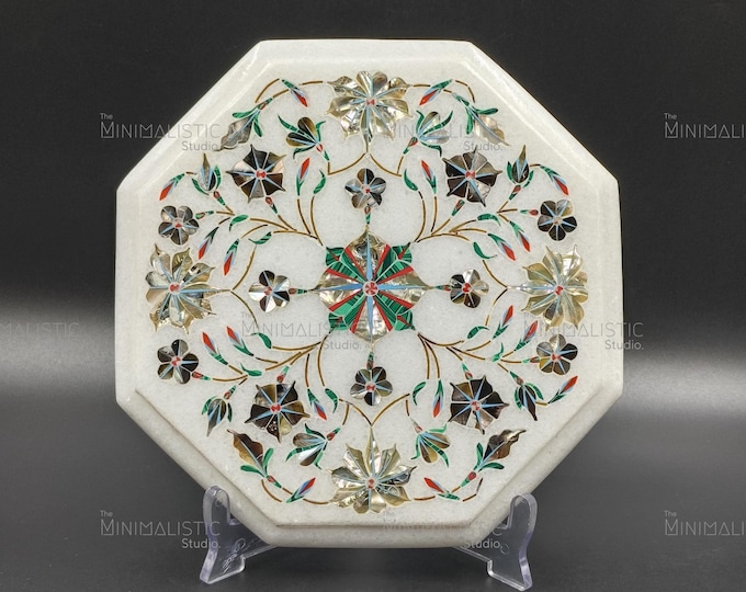 Floral Symphony on White Marble | Handmade Pietra Dura Inlay Plate (Masterpiece)