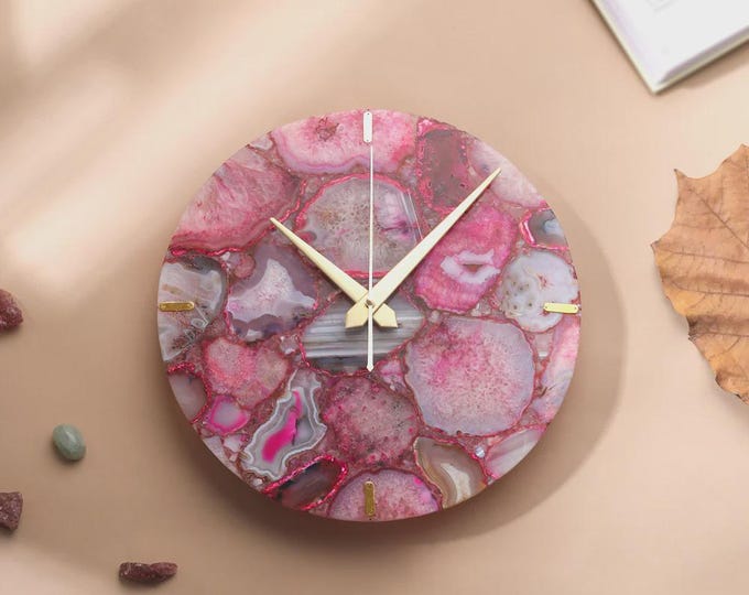 Handmade Round Pink Agate Wall Clock | Epoxy Resin Crystal Geode Modern Boho Deco (Customisable)