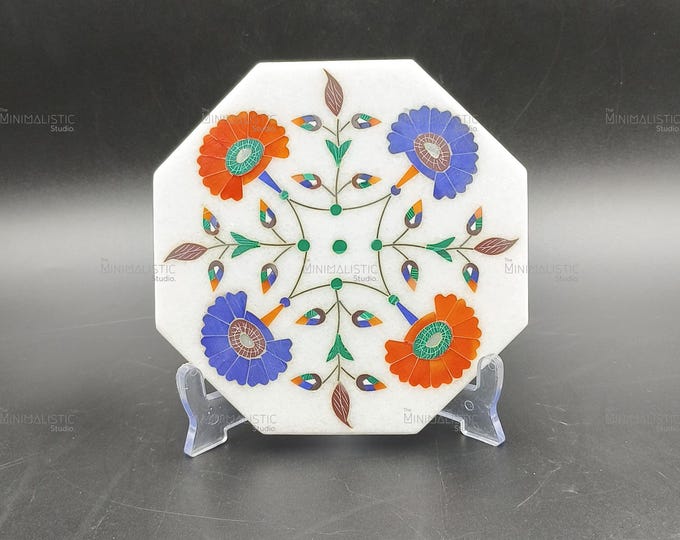 Octagonal Marble Inlay Plate | Handcrafted Mughal Floral Art