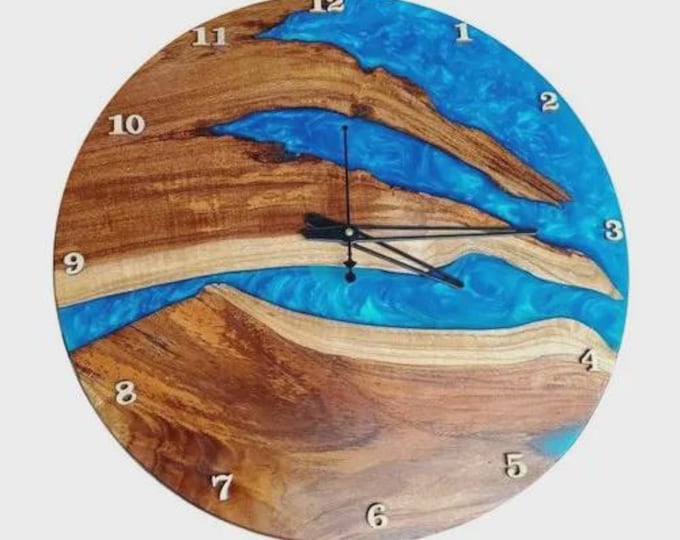 Handmade Acacia Wood River Clock | Blue Epoxy Resin, Nautical Decor