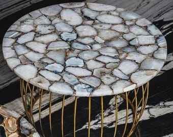 White Agate Coffee Table Top | Round Gemstone Accent Top | Natural Crystal Geode Decor | (Customizable)