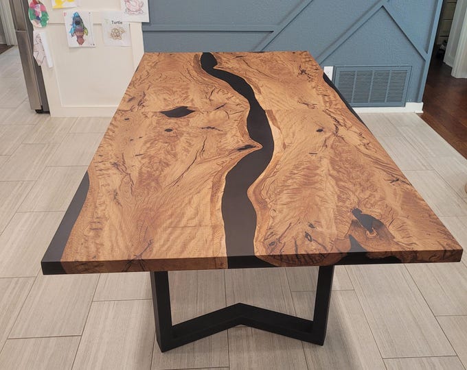 Acacia Wood River Table Top | Black Epoxy Resin, Live Edge (Customisable)