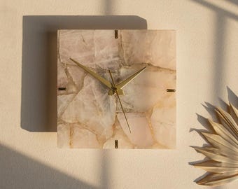 Rose Quartz Square Wall Clock | Gemstone Crystal Home Decor | Gold-Plated Modern Luxury