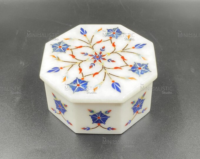 Handmade Octagonal Marble Jewelry Box – Lapis & Coral Inlay