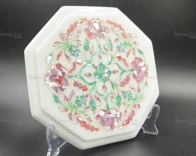 Marble Inlay Plate | Handmade Pietra Dura Floral Art, Mother of Pearl