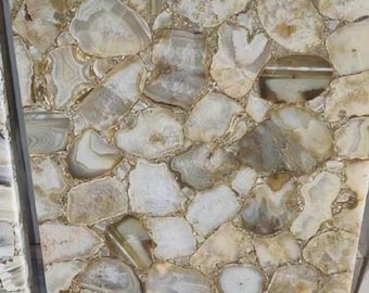 Rectangular Beige & Cream Agate Stone Table Top | Natural Gemstone Mosaic Coffee Top | (Customizable)