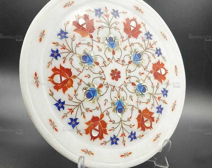 Floral Pietra Dura Marble Plate – Handmade Stone Inlay Art, 12 Inch